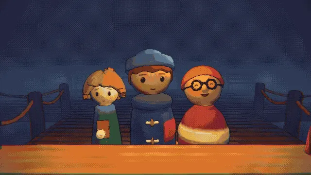 Three kids waiting at the counter on the foggy pier