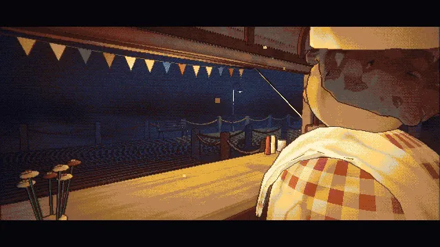 Uncle Joe looking out of the cart window at the pier